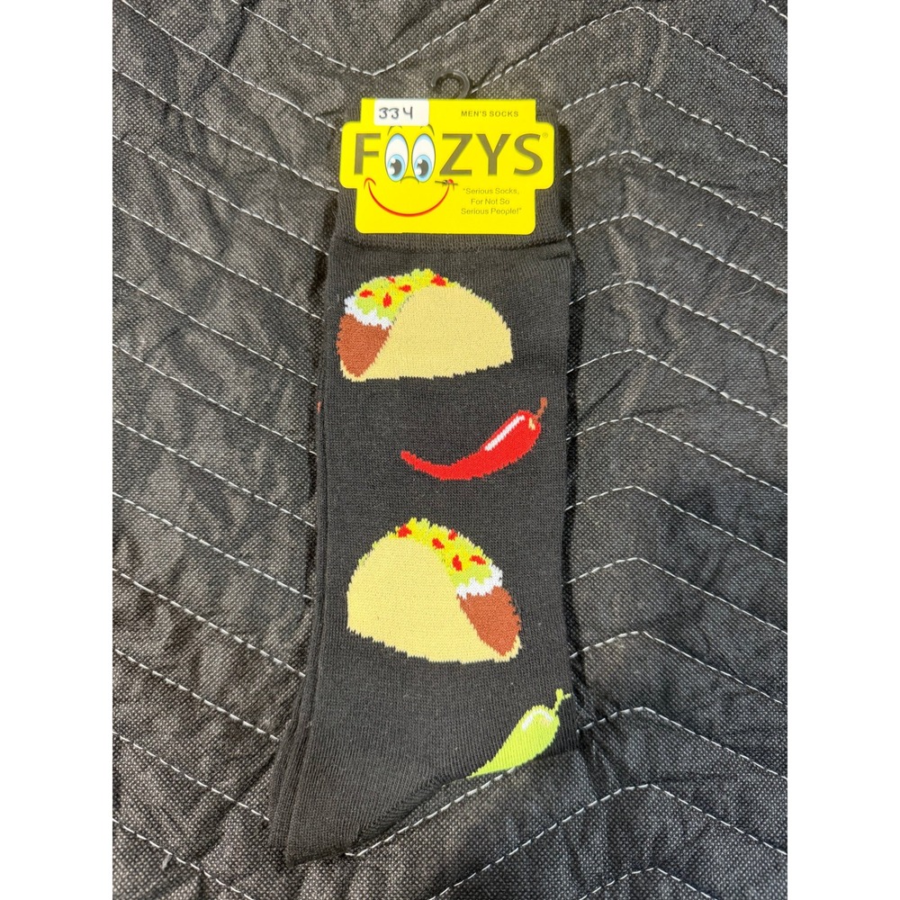 Foozys Crew Socks Mens 10-13 Black New Tacos Chili Peppers Food Novelty‎ FM-48